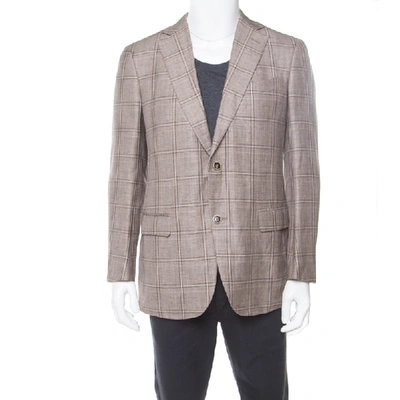 Pre-owned Ermenegildo Zegna Brown Linen Wool Prince Of Wales Checked Easy Fit Mila Blazer L