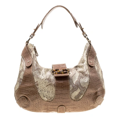 Pre-owned Valentino Garavani Beige Croc Embossed Leather And Python Print Canvas Hobo