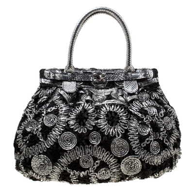 Pre-owned Zagliani Black/grey Python And Fabric Puffy Tote