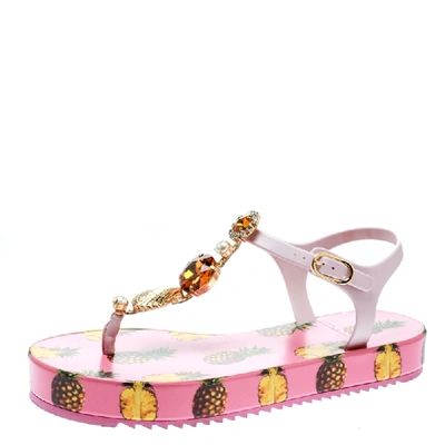 Pre-owned Dolce & Gabbana Pink Rubber Pineapple Print Crystal Embellished Platform Thong Sandals Size 39