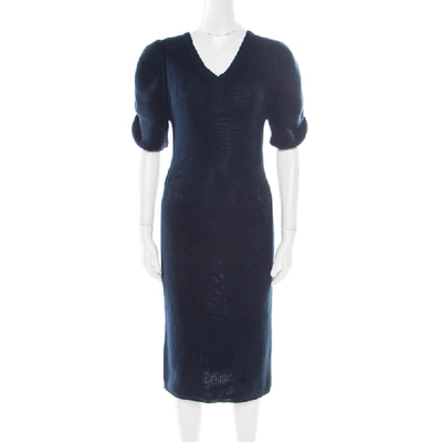 Pre-owned Fendi Navy Blue Crochet Knit Ruched Sleeve Midi Sweater Dress M