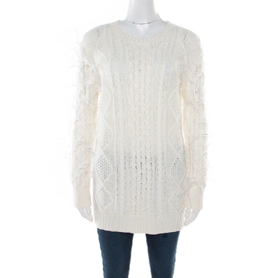 Pre-owned Valentino Ivory Chunky Knit Wool Ostrich Feathered Full Sleeve Pullover S In Cream
