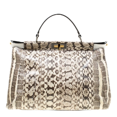Pre-owned Fendi Beige Monochrome Python With Suede And Python Lining Large Peekaboo Top Handle Bag