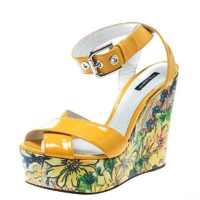 Pre-owned Dolce & Gabbana Yellow Patent Leather Floral Printed Wedge Ankle Strap Sandals Size 40.5
