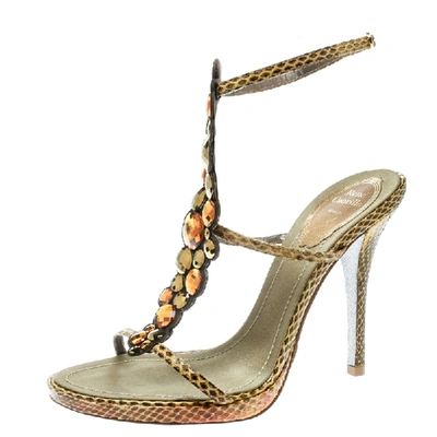 Pre-owned René Caovilla Yellow Python Crystal Embellished Strappy Sandals Size 37.5