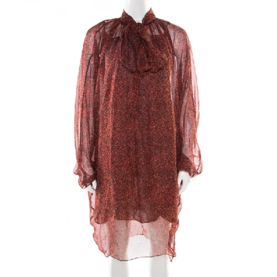 Pre-owned Saint Laurent Red Printed Silk Chiffon Neck Tie Detail Long Sleeve Dress L