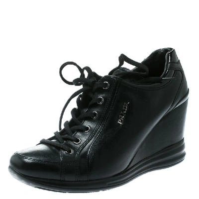 Pre-owned Prada Black Leather Wedge Sneakers Size 39 | ModeSens