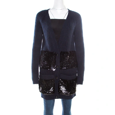 Pre-owned Louis Vuitton Navy Blue Sequin Embellished Button Front Cardigan M