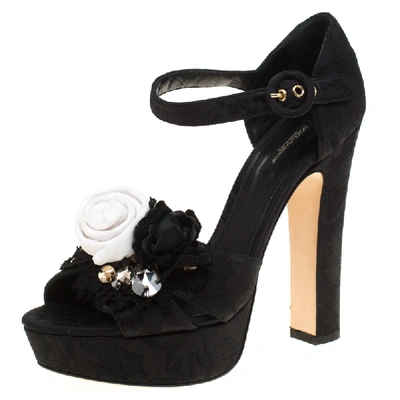 Pre-owned Dolce & Gabbana Black Brocade Fabric Floral Embellished Cross Strap Platform Sandals Size 40