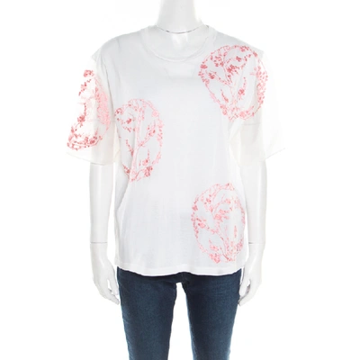 Pre-owned Alexander Mcqueen White Cotton Floral Embroidered Silk Sleeve Detail Oversized T-shirt S
