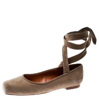 Pre-owned Ralph Lauren Beige Suede Square Toe Ankle Wrap Ballet Flats Size 37