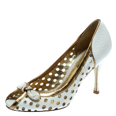 Pre-owned Dolce & Gabbana White/gold Perforated Leather Bow Detail Peep Toe Pumps Size 36.5