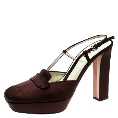 Pre-owned Prada Brown Satin Platform Block Heel Loafer Sandals Size 39.5