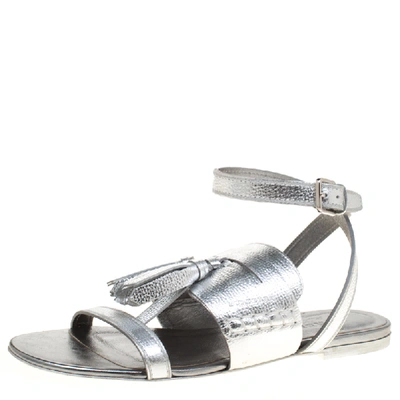 Pre-owned Burberry Metallic Silver Leather Bethany Tassel Detail Flat Sandals Size 38.5