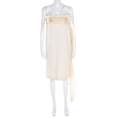 Pre-owned Bottega Veneta Beige Draped Organza Trim Strapless Shift Dress M