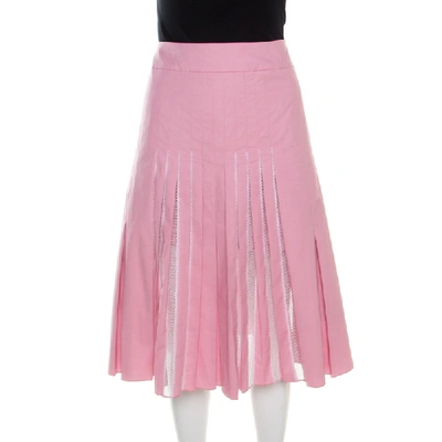 Pre-owned Bottega Veneta Pastel Pink Cotton Lace Insert Pleated A Line Skirt M