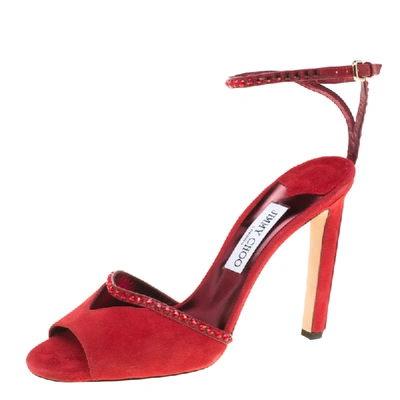 Pre-owned Jimmy Choo Red Suede Kara Crystal Embellished Ankle Strap Peep Toe Sandals Size 41