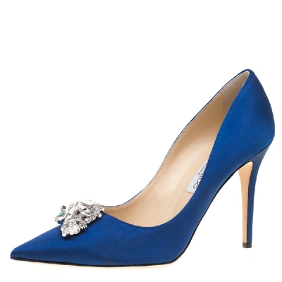 Pre-owned Jimmy Choo Exclusive Collection Electric Blue Satin Manda Crystal Embellished Pointed Toe Pumps Size 41