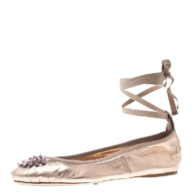 Pre-owned Jimmy Choo Metallic Rose Leather Grace Crystal Embellished Ankle Wrap Ballet Flats Size 41