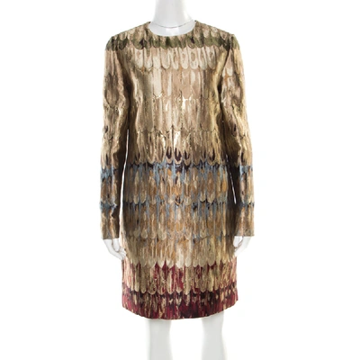 Pre-owned Valentino Gold Feather Patterned Jacquard Lurex Insert Shift Dress M