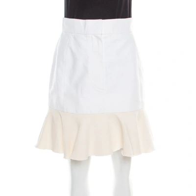 Pre-owned Victoria Beckham Cream Canvas Ruffled Hem Mini Skirt M
