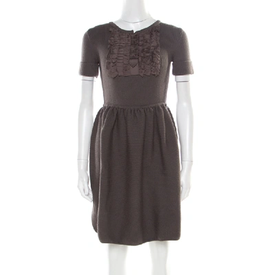 Pre-owned Fendi Grey Chunky Wool Ruffled Bodice Detail Short Sleeve Dress S