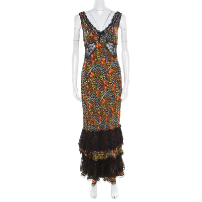 Pre-owned Dolce & Gabbana Multicolor Floral Print Silk Sheer Lace Insert Sleeveless Maxi Dress M In Black