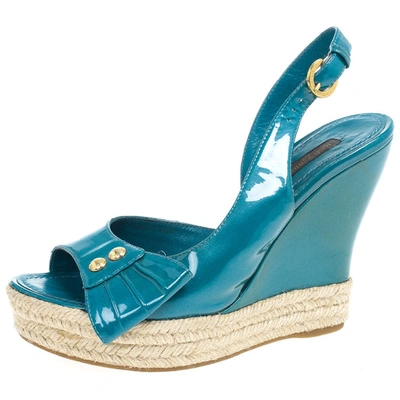 Pre-owned Louis Vuitton Blue Patent Espadrilles Slingback Wedges Size 37.5