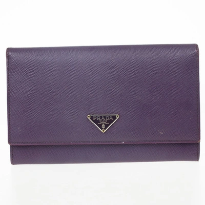 Pre-owned Prada Saffiano Triangle Continental Flap Wallet In Purple