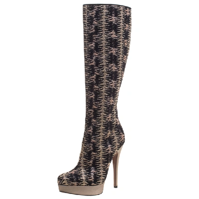 Pre-owned Missoni Black And Gold Patterned Knit Fabric Knee High Boots Size 37