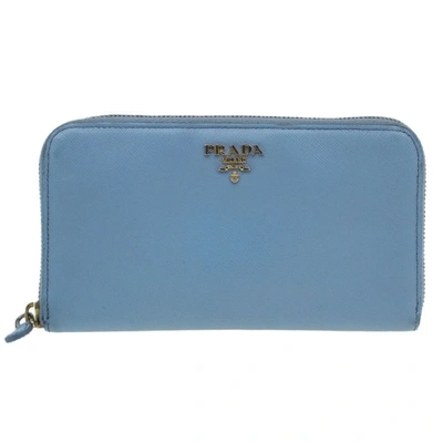 Pre-owned Prada Light Blue Saffiano Metal Oro Side-zip Wallet
