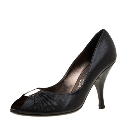 Pre-owned Ferragamo Black Lizard Leather Fiberia Peep Toe Pumps Size 38.5