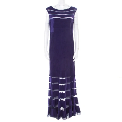 Pre-owned Tadashi Shoji Purple Sheer Panel Insert Sleeveless Gown L