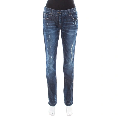 Pre-owned Dolce & Gabbana Indigo Washed Denim Distressed Straight Fit Jeans M In Blue