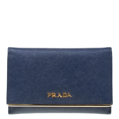 Pre-owned Prada Blue Saffiano Leather Flap Wallet