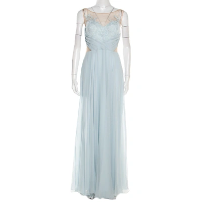 Pre-owned Marchesa Notte Blue Embellished Embroidered Silk Sheer Panel Detail Gown L