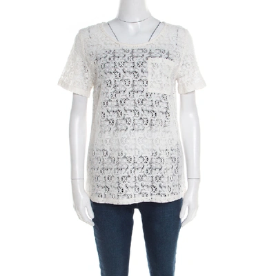 Pre-owned Marc By Marc Jacobs Off White Floral Lace Short Sleeve Top M