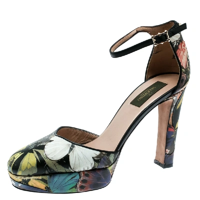 Pre-owned Valentino Garavani Multicolor Printed Leather Butterfly Ankle Strap Platform Pumps Size 39