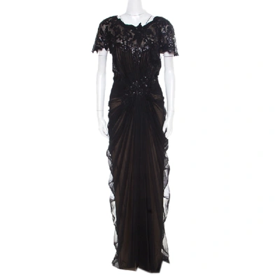 Pre-owned Tadashi Shoji Black Sequin Embellished Cap Sleeve Pegged Evening Gown Xxl