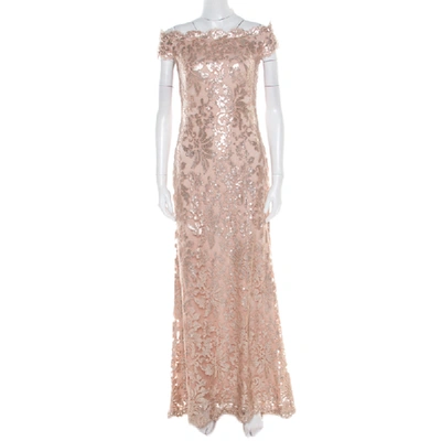 Pre-owned Tadashi Shoji Blush Pink Sequined Off Shoulder Evening Gown S In Gold