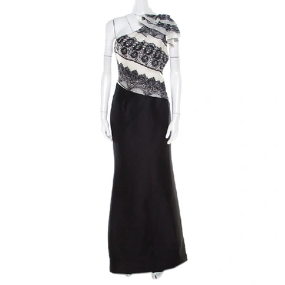 Pre-owned Carolina Herrera Monochrome Lace Print Silk One Shoulder Evening Gown L In Black