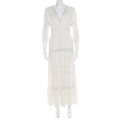 Pre-owned Chloé Cream Linen Pintucked Lace Paneled Maxi Dress S