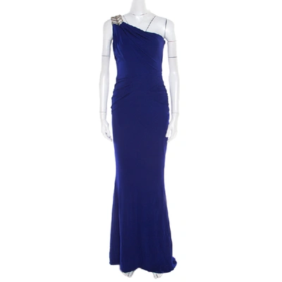 Pre-owned Badgley Mischka Collection Blue Knit Embellished One Shoulder Gown S