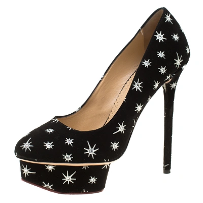 Pre-owned Charlotte Olympia Black Crystal Embellished Printed Suede Joise Platform Pumps Size 38.5