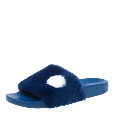 Pre-owned Marc By Marc Jacobs Blue Rabbit Fur Dot Flat Slides Size 38