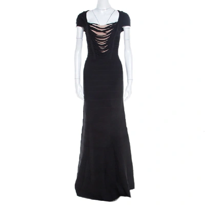 Pre-owned Herve Leger Black Knit Fringed Bodice Lora Bandage Mermaid Gown Xs