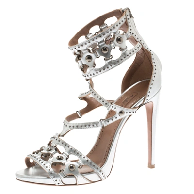 Pre-owned Alaïa Metallic Silver Studded Leather Cutout Cage Sandals Size 38