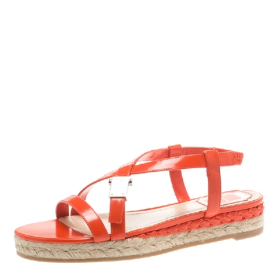 Pre-owned Dior Orange Leather Cross Strap Espadrille Flat Sandals Size 38