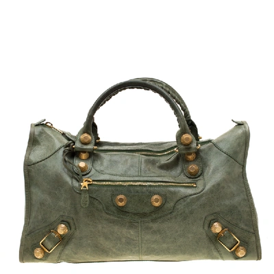 Pre-owned Balenciaga Light Olive Leather Giant 21 Gold Work Tote In Green