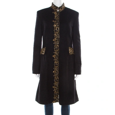 Pre-owned Alberta Ferretti Black And Gold Embellished Felted Wool Stand Collar Overcoat M